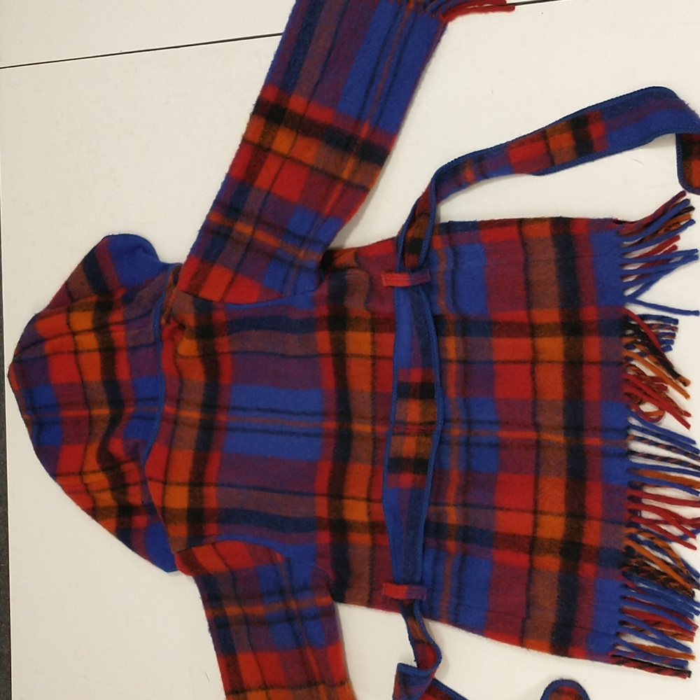 Vintage Bright Wool Wrap Jacket Plaid Blanket Coat Hooded Pockets Fringe Edge - Picture 11 of 16